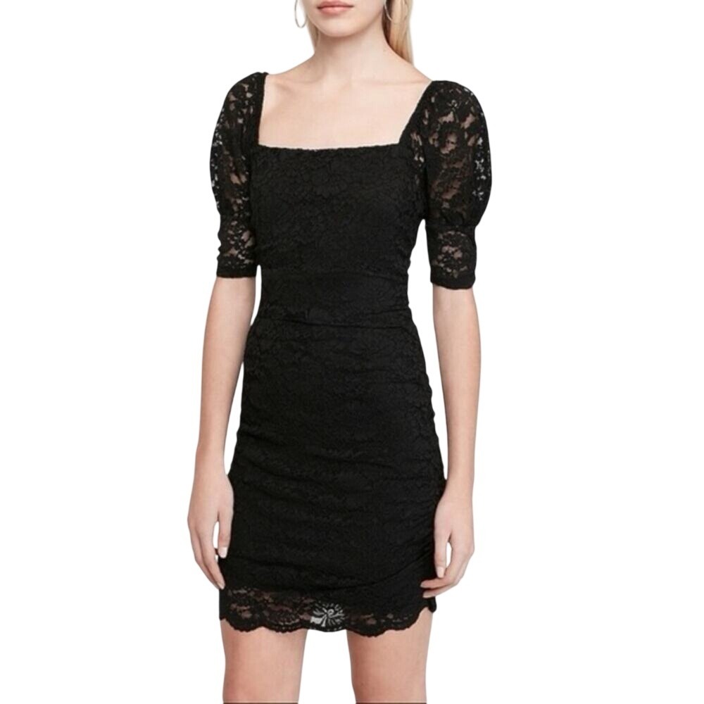 Express Women's Sheath‎ Mini Dress Medium Square Neck Cinched Lace Puff Sleeve